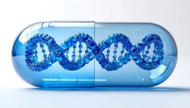 A close-up of a translucent blue capsule with a DNA double helix inside