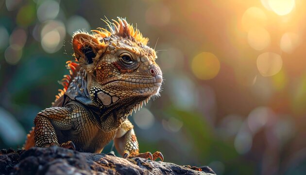 A close-up of a vibrant lizard basking in warm sunlight - Powered by Adobe
