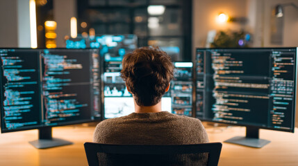 Software developer working with multiple screens in a modern office