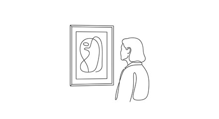 Fototapeta premium Elegant minimalist line art of woman viewing modern abstract art in gallery, perfect for creative projects and sophisticated designs needing a touch of artistry