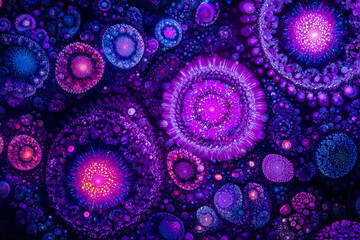 Vibrant abstract digital artwork featuring glowing spiral patterns in shades of purple, pink, and blue