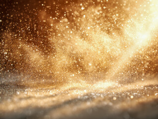 Obraz premium Shimmering golden light particles sparkling in motion over a blurred surface creating a magical and festive abstract background with warm glowing tones