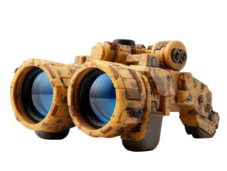 Futuristic, textured, binocular-style device with blue lenses