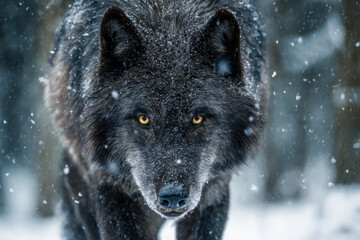 Naklejka premium Intense black wolf with piercing golden eyes walking through falling snow in a cold, winter forest environment with detailed fur and focused expression