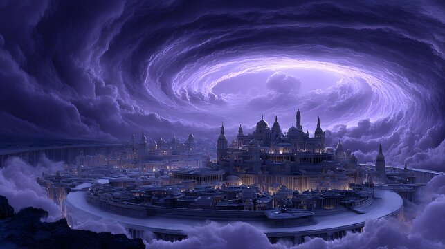 Majestic city within a cosmic purple vortex and swirling clouds.