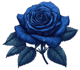 Blue rose closeup with water droplets and leaves, on black background