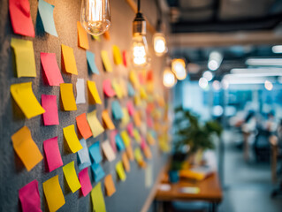 Obraz premium Colorful sticky notes on a wall in a modern office workspace