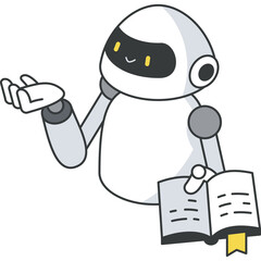 Friendly White Robot Character Holding Open Book With Yellow Bookmark Standing In Front Of Transparent Background Offering Assistance And Knowledge