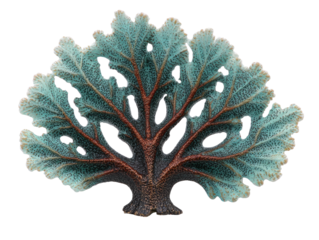 Decorative verdigris tree with leaf-like crown, brown trunk, on black