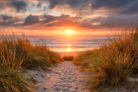 Tranquil sandy path surrounded by sea grasses leading to a glowing sunset over calm ocean waves under a vibrant cloudy sky at the coastline beach