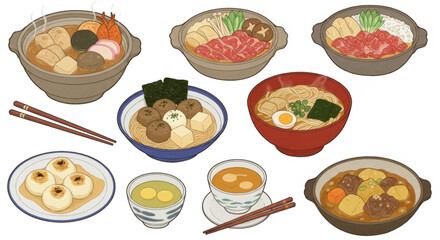 Various Japanese Dishes and Drinks Including Soups, Noodles, and Desserts