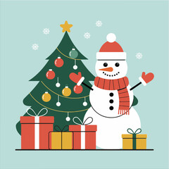 Flat Christmas Illustration with Snowman, Christmas Tree and Gift Boxes — Minimal Winter Vector Design