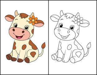 Cute Baby Cow Coloring and Colored Illustration for Kids