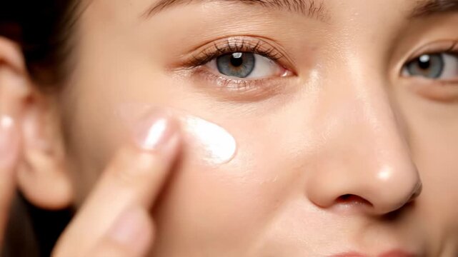 Extreme closeup of a womans eye and cheek as she applies a luminous, hydrating cream with her fingertip, showcasing a radiant complexion vector illustration