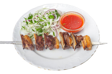 Grilled Pork Ribs Kebab with Onion Salad and Tomato Sauce on White Plate isolated images