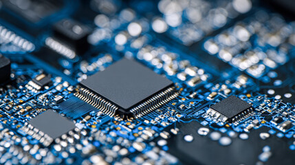 Detailed view of a blue printed circuit board with various microchips and electronic components tightly arranged for advanced technology applications
