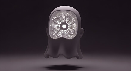 Ghost Head with Glowing Gears and Circuits - Artificial Intelligence and Mind