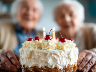 Senior couple celebrating a special occasion with a beautifully decorated whipped cream cake topped with cherries and candles in a warm home setting