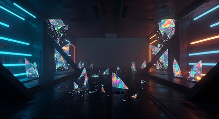 Abstract shattered crystals in a futuristic digital corridor, illuminated by striking blue and orange neon light, creating a captivating sci-fi ambiance and modern aesthetic