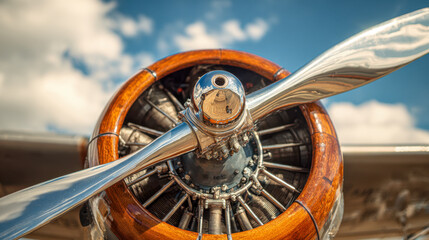 Vintage airplane propeller featuring polished metallic blades and wooden rimed hub under a bright blue sky with scattered white clouds during daylight