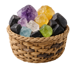 A woven wicker basket filled with a vibrant assortment of raw, uncut healing crystals and gemstones, including amethyst, citrine, and tourmaline, Isolated on Transparent and White Background