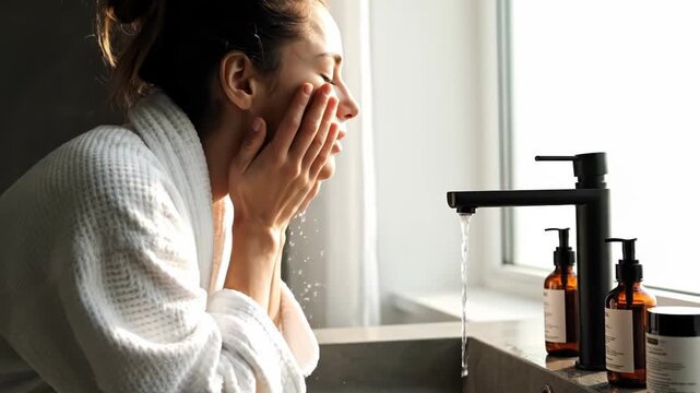 Young woman in a white robe washing her face with water from a modern black faucet in a bright bathroom, surrounded by skincare products vector illustration
