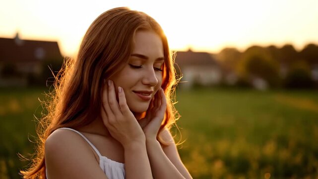 Beautiful young woman with long hair enjoying the golden hour sunset, her eyes closed and hands delicately touching her face in a field vector illustration