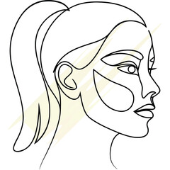 Minimalist continuous line drawing a woman's profile with abstract yellow shapes face