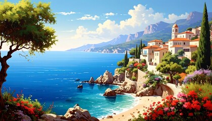 A coastal town scene with azure waters, buildings, and lush vegetation