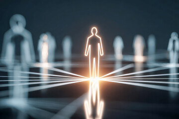 Glowing human figure symbolizing central connectivity in a futuristic digital network with blurred figures representing communication and interaction in technology space