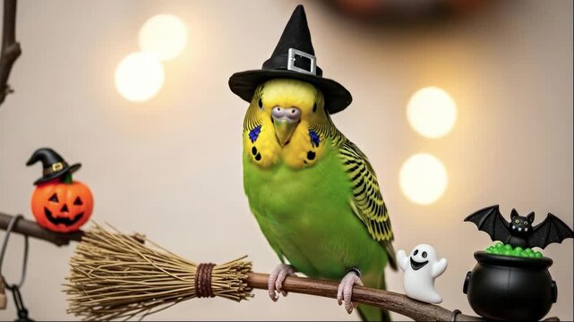 Halloween parakeet cute pet bird witch hat costume spooky season avian festive adorable animal trick or treat
