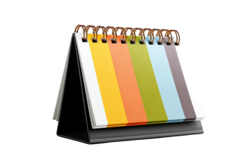 Desk calendar with colorful vertical stripes and wire binding, black base