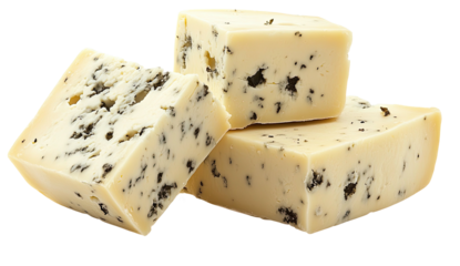 Three blocks of cheese with black specks stacked on top of each other