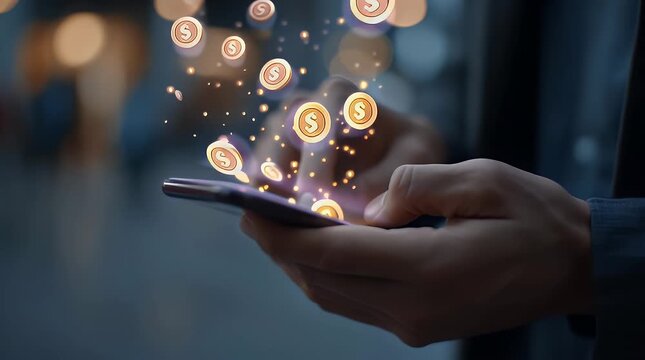 Hands Using Smartphone with Floating Dollar Icons in Background with ai generated