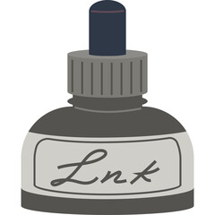 Gray Ink Bottle With Dark Blue Cap and Label Featuring the Word Ink in Script on a White Background Isolated