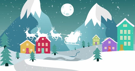 Sleigh of Santa and reindeer flying over snowy village image