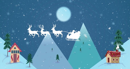 Naklejka premium Santa and reindeer flying over snowy mountains image with moon in background