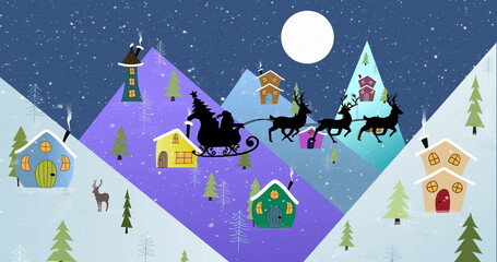 Sleigh of Santa and reindeer flying over snowy village image