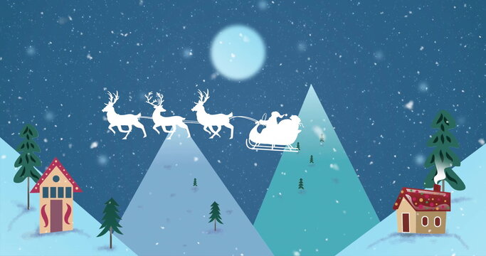 Naklejki Santa and reindeer flying over snowy mountains image with moon in background