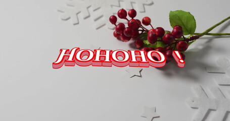 Fototapeta premium Image of white stars and christmas berries decorations on white background