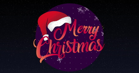 Fototapeta premium Merry Christmas text image with Santa hat and snowflakes on dark background