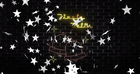 Jingle Bells text and stars image over brick wall background