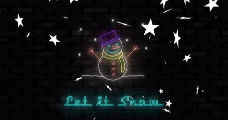 Naklejka premium Neon snowman with stars and Let it Snow text image over brick wall