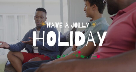Have Jolly Holiday text image over people sitting and talking in living room