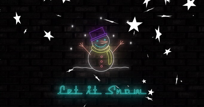 Neon snowman with stars and Let it Snow text image over brick wall - Powered by Adobe
