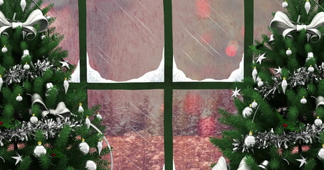 Image of window with christmas trees over light spots and winter landscape
