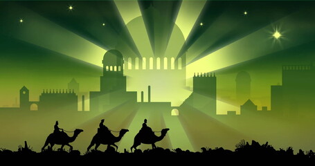 Image of three kings on camels over christmas bethlehem on green background