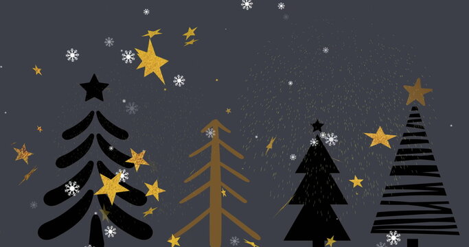 Naklejki Image of stars falling over christmas trees and snow falling