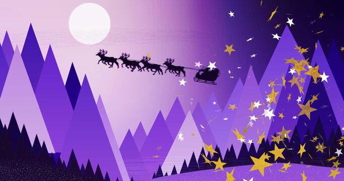 Naklejki Image of stars falling over santa in sleigh and mountains