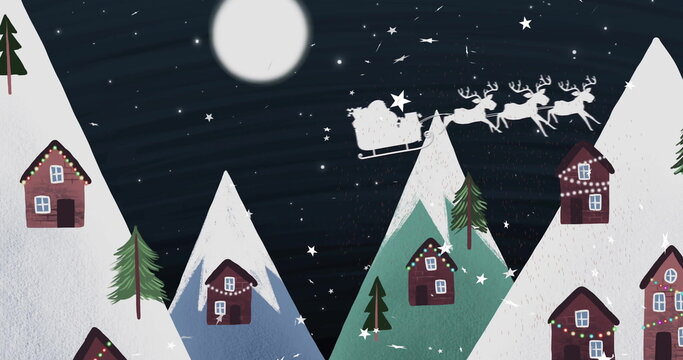 Naklejki Image of stars falling over santa in sleigh and winter scenery